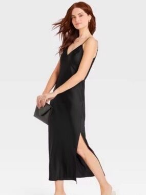 a new day Black Satin Slip Dress with V-Neck New